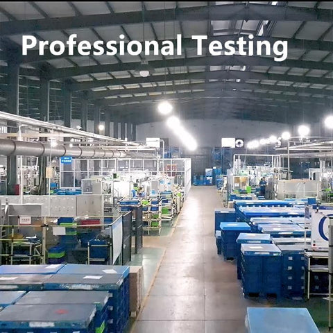 Factory interior showcasing production lines and equipment, labeled 'Professional Testing'
