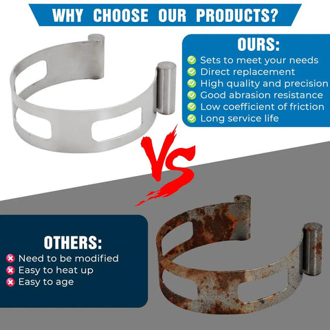 Comparison of 2.5 Inch Stainless Exhaust Tacking Band Clamp On For Welding Fabrication and a rusted alternative with performance icons.