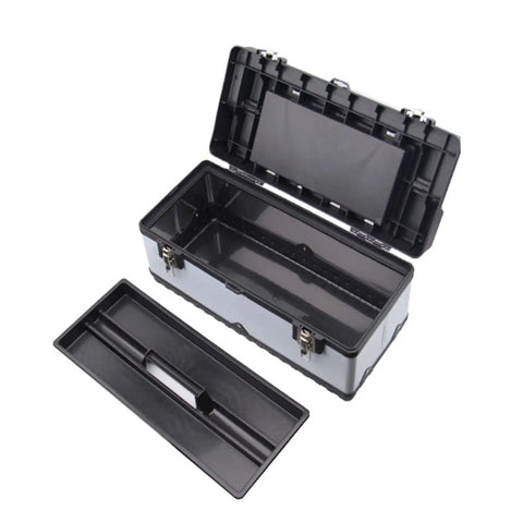Portable Lockable Tool Case With Removable Tray And Alloy Handle Sturdy Plastic And Steel Construction Double Locking Latches Easy Carry