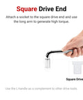 Hand using Three Eighth Inch Drive Six Inch Wobble L Handle Socket Wrench Heavy Duty High Torque Tool on square drive end.