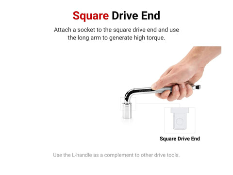 Hand using Three Eighth Inch Drive Six Inch Wobble L Handle Socket Wrench Heavy Duty High Torque Tool on square drive end.