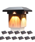 Solar Post Cap Lights For 4x4 Wood Posts, Outdoor Waterproof Warm White LED, showing wooden post with 12 black caps