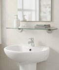 Zinc Alloy Glass Shelf Support Clamp Rock Solid Mounting Bracket above sink in bathroom with toiletries