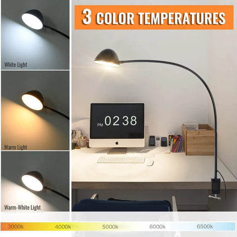 Gooseneck Clip Desk Lamp With Clamp, 10W 1100 Lumens, 31 Inch Flexible Arm with 3 Color Modes shown above a desk