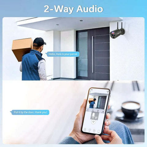Outdoor Wireless Security Camera System With 130 Degree Wide Angle And 2 Way Audio Home Surveillance Kit. Delivery person at door.