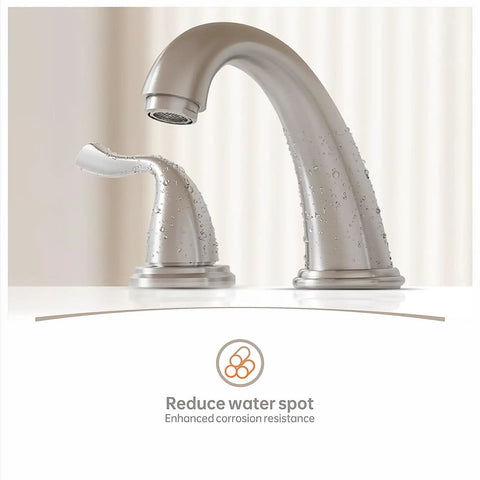 8 Inch Widespread Bathroom Faucet For 3 Hole Sink In Brushed Nickel shown with water droplets to enhance corrosion resistance