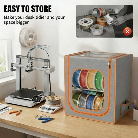 Two Tier Filament Storage Rack With Trans Cover And LED Light Strips holds up to 24 rolls, shown beside a 3D printer on a desk.