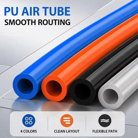 Transparent Pu Pneumatic Tubing For Air Compressors 4Mm To 16Mm Kink Resistant Hose in four colors on a smooth surface.
