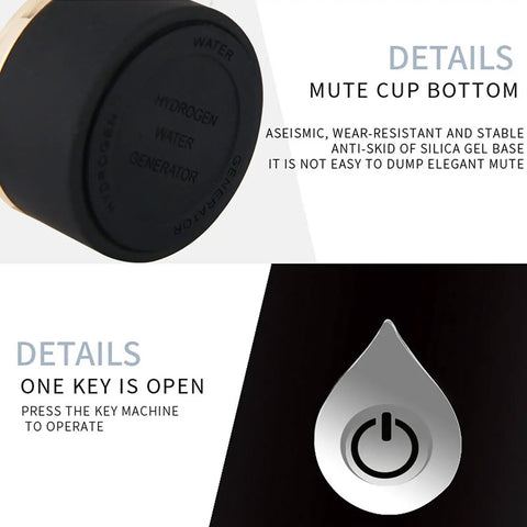 Slick Portable Hydrogen Rich Water Bottle Generator With Rapid Three Minute Electrolysis And Top Shelf Pem Tech showing mute cup bottom and one key operation.