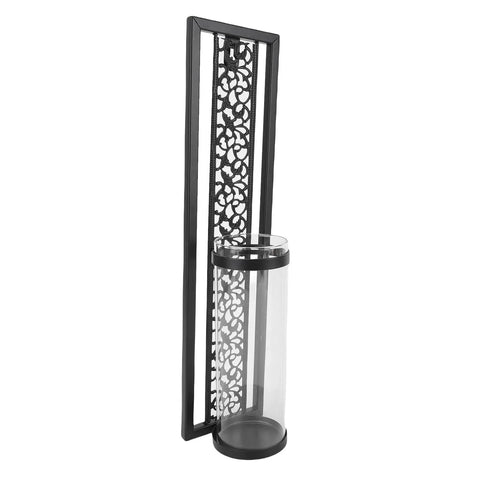 Vintage Hollow Out Metal Wall Sconce Kit Two Piece Candle Holder Set With Glass Covers For Living Room Bedroom Bathroom And Dining Area Easy Install Iron Wall Decor, black iron sconce with glass cover