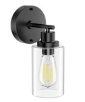 One Light Matte Black Bathroom Wall Sconce With Clear Glass Shade And E26 Base Modern Vanity Light Fixture For Mirror Bedroom And Hallway Anti Rust Durable Metal Wall Lamp showing clear glass shade and matte black finish.
