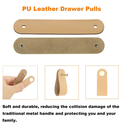 Six Pack Leather Drawer Pulls For Dresser And Cabinet Soft Leather Knobs Khaki Color With Easy Screw Installation displayed