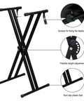 Sturdy Heavy Duty X Style Keyboard Stand And Bench Set for Digital Pianos, adjustable steel frame with flexible height and lockable straps.