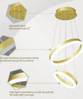 Modern LED Two Ring Gold Chandelier For Staircase Foyer And Living Room Contemporary Ceiling Pendant Light Fixture With High Ceiling 6000K Cool White Glow Luxe Gold Finish For A Lit Home Decor Upgrade showcasing adjustable wires, polished aluminum, and acrylic lampshade.