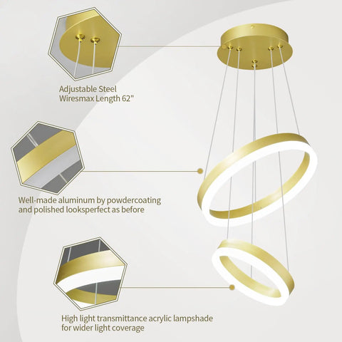 Modern LED Two Ring Gold Chandelier For Staircase Foyer And Living Room Contemporary Ceiling Pendant Light Fixture With High Ceiling 6000K Cool White Glow Luxe Gold Finish For A Lit Home Decor Upgrade showcasing adjustable wires, polished aluminum, and acrylic lampshade.