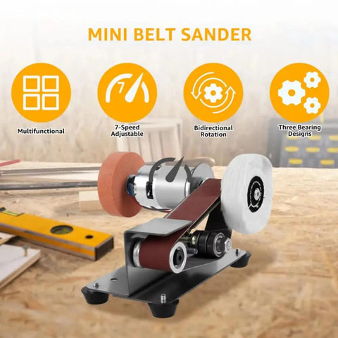 Compact Mini Electric Belt Sander 100-240V For Versatile DIY Woodwork Project Metal Finishing Plus Jewelry Polishing Bench Grinder showcasing adjustable features on workbench.