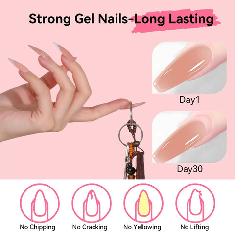 HEMA Free 50ml Nude Nail Gel For Extensions And 3D Molding, long-lasting finish, Day 1 vs Day 30 comparison, key holding demonstration