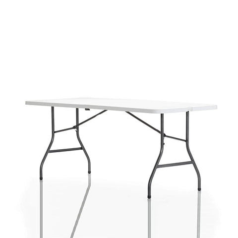 Six Foot Fold In Half Blow Molded Folding Table For Indoor And Outdoor Use With Comfort Handle Lightweight Plastic Top All Weather Ready Tailgate Ready And Easy To Fold And Transport 72 Inch Long White shown extended with metal legs visible.