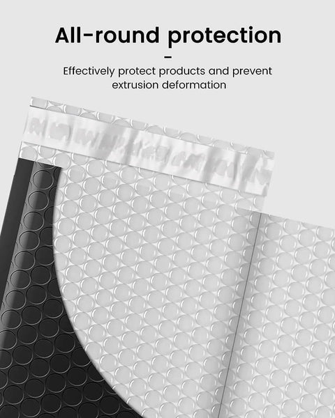 Close-up of Black Bubble Mailers 4x8 Inches, 50 Pack, 4x7 internal size padded envelopes showing self-sealing strip and protective bubbles.