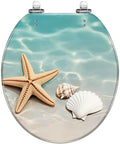 Round Resin Toilet Seat for Bathroom featuring starfish and seashell design against a light blue background.