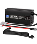 12V 20A LiFePO4 Battery Charger With Anderson Connector For Deep Cycle Batteries Automatic Smart Charging And Maintenance 14.6V Output Ideal For Boats And RVs with cables and connectors visible.