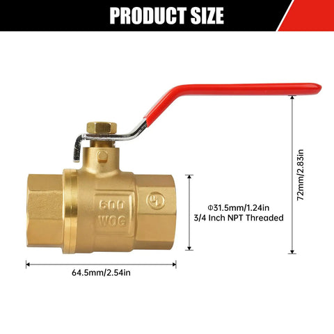 Five Pack Brass Three Quarter Inch Full Port Ball Valves With Red Vinyl Handle NPT Female To Female Thread 150 PSI WSP And 600 WOG size view