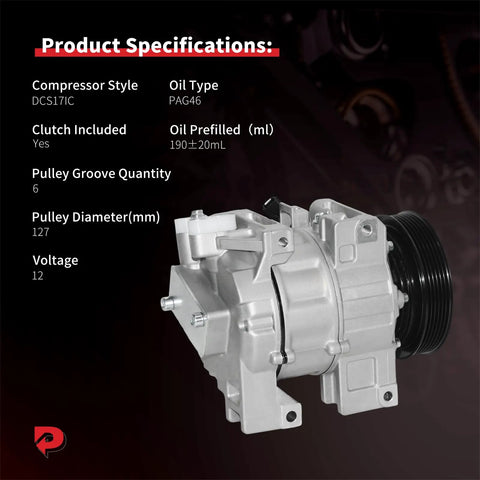 Heavy Duty Solid Air Conditioning Compressor With Clutch Direct Swap For Nissan Altima 2007 To 2012 Sentra 2007 To 2012 25 Liter L4 Gas Engine Knockout Fitment Shop Grade Tool Plus Warranty close-up specifications view