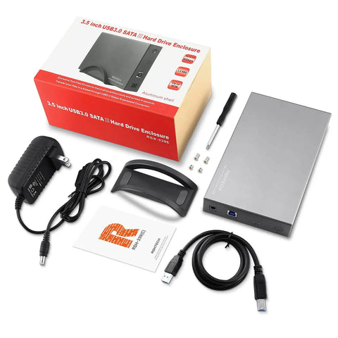 Beefy Aluminum 3.5 Inch Hard Drive Enclosure With Hassle Free USB 3.0 To Sata Docking, complete set with power adapter and cables.