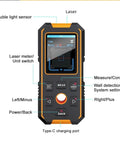 Slick Rechargeable Stud Finder With Bright LCD Display And Heavy Duty Underground Cable Tracker showing laser unit, buttons, and Type-C charging port.