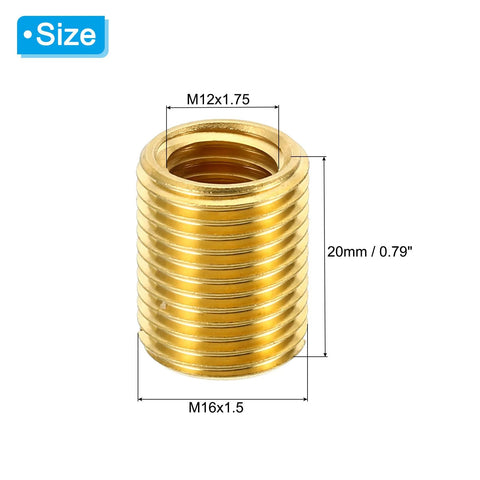 Brass threaded repair insert nut, M16x1.5 outer to M12x1.75 inner, 20 mm length