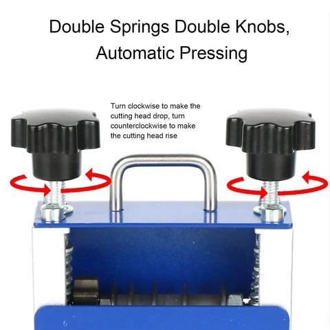 Hassle Free Wire Stripper Machine For Electrical Work Hand Crank Or Drill Powered Operation showing double knobs and spring mechanism.