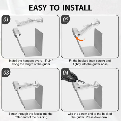 Four steps showing installation of Five Inch Gutter Hangers Kit With Pre Installed Quick Screws Gutter Clips Hidden Bracket.