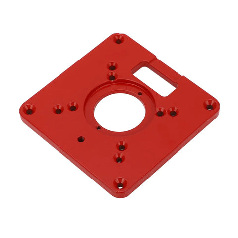 Premium Aluminum Router Table Insert Plate Built Tough With Dual Scale Alignment Dead Nuts Accurate Precision Calibration For Smooth Woodworking And No Sweat Setup, red aluminum plate with precision holes.