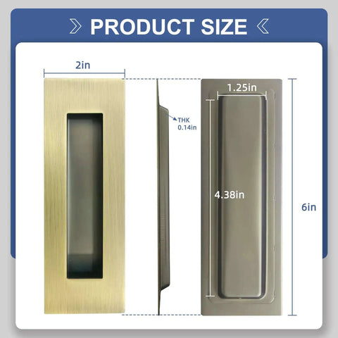 Pocket Door Hardware Set With Edge Pulls And Recessed Flush Pulls In Antique Brass, 6 inch handles size diagram