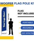 Three 15-Foot Swooper Flag Pole Kits With Ground Spikes, product dimensions, silhouette of person for scale, flag not included