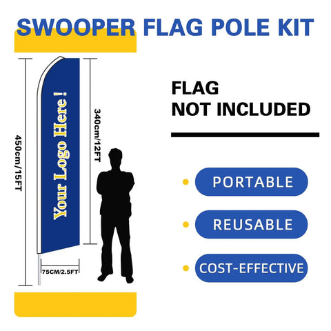 Three 15-Foot Swooper Flag Pole Kits With Ground Spikes, product dimensions, silhouette of person for scale, flag not included