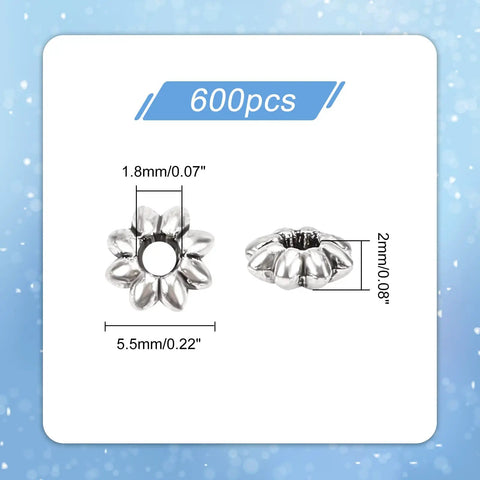 600pcs Flower Spacer Beads Daisy Metal Spacers Antique Silver Petal Beads for Earring Bracelet Necklace Jewelry Making, 5.5x2mm Large Hole 1.8mm