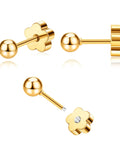 Titanium Flower Screw Back Ball Earrings For Sensitive Skin, Hypoallergenic 20g Gold Tone Ball Studs For Women, Cartilage Piercing 2 To 4mm, 3mm Diameter, All Day Comfort With Cute Shine gold flower screw-back stud earrings