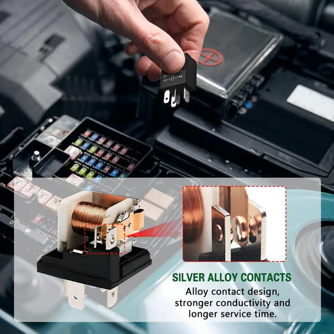 Tough As Nails 4 Pin 12V 30A Automotive Relay Pack Waterproof Switches For Car Horn And Circuits Durable Nylon Shell Pure Copper Coils Plug And Play Universal Fit No Sweat Install close-up of relay in hand with copper coils.