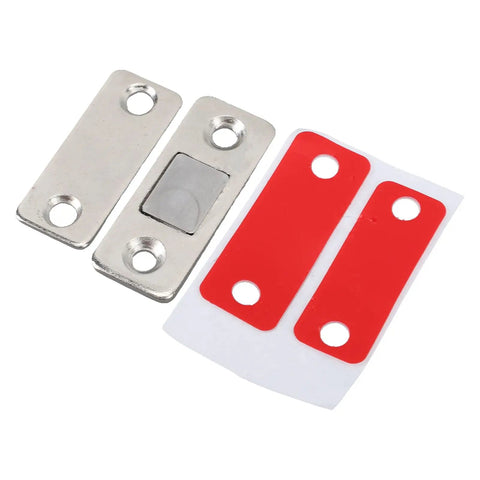 Slim Magnetic Door Catch Kit In Stainless Steel 8 Pack Cabinet Latch with red adhesive and holes for screw mount.