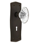Old School Prairie Plate Privacy Door Knob Set With Keyhole Oval Fluted Crystal Glass Knobs, Oil Rubbed Bronze Finish, Solid Forged Brass Plates