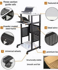Smooth Rolling 3 Tier Standing Desk With Pull Out Keyboard Tray And Heavy Duty Steel Frame Built Tough For Your Ultimate Home Office Workspace Or Portable Printer Cart showcasing features like steel frame, textured desktop, and universal wheels.