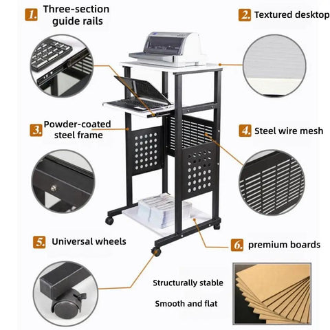 Smooth Rolling 3 Tier Standing Desk With Pull Out Keyboard Tray And Heavy Duty Steel Frame Built Tough For Your Ultimate Home Office Workspace Or Portable Printer Cart showcasing features like steel frame, textured desktop, and universal wheels.