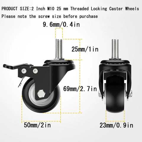 Straight Up Heavy Duty Silent Pu Caster Wheels 4 Pack 2 Inch Lockable Swivel with M10x25mm screw dimensions diagram
