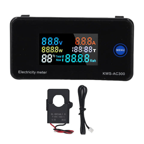 Open Transformer AC Multimeter Digital Energy Meter KWSAC300-100A with 360 Degree Color LCD, showing voltage, current, power, temp display