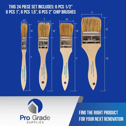 Chip Brush Set 24 Pack With Natural China Bristle And Durable Wood Handles for various art projects displayed against blue background