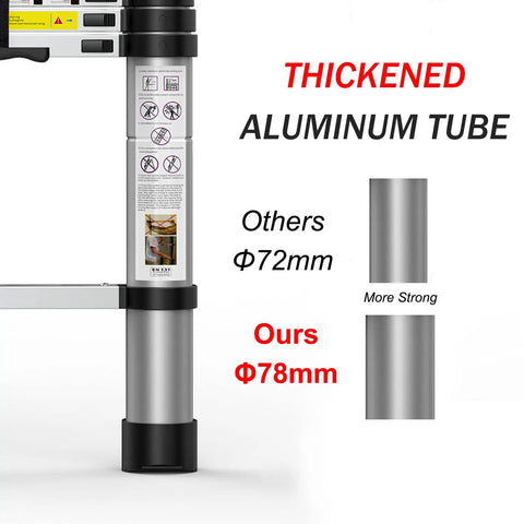 Comparison of telescoping ladder aluminum tube thickness, highlighting 78mm diameter for Telescoping Ladder 12.5 Foot Aluminum Extension Ladder With Independent Locking Mechanism, Ultra Portable And Compact For RV, Outdoor And Home Use, Built Tough Yet Lightweight, Supports Up To 330 Pounds.