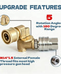 Copper Pivoting Coupler Kit 1/4 Inch Quick Connect For Pressure Washer Gun with brass body and steel adapter, five angles.