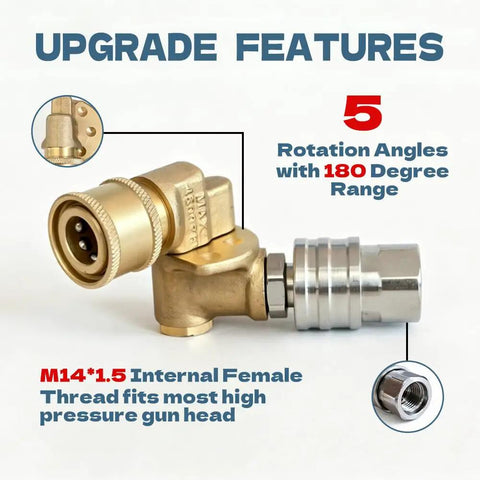 Copper Pivoting Coupler Kit 1/4 Inch Quick Connect For Pressure Washer Gun with brass body and steel adapter, five angles.