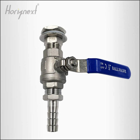 1/2 inch NPT stainless bulkhead valve with blue handle for home brew systems, made from 304 stainless steel, designed for kettles and tanks